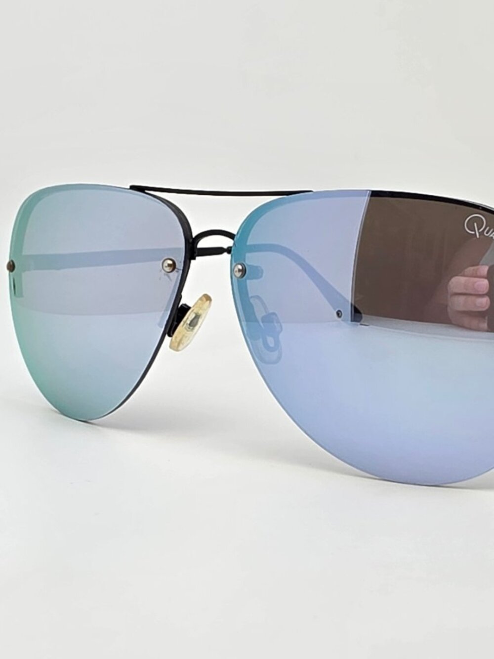 Quay Australia Muse Black Frame Silver Blue Mirror Lens Aviator Sunglasses 63mm